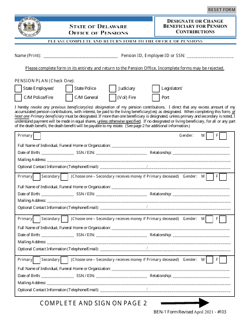 Form BEN-1 Designate or Change Beneficiary for Pension Contributions - Delaware