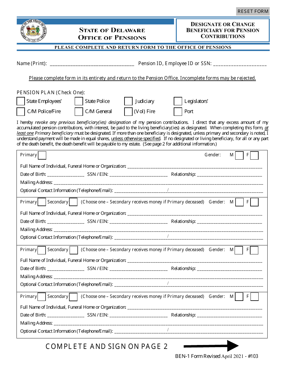 Form BEN-1 Designate or Change Beneficiary for Pension Contributions - Delaware, Page 1