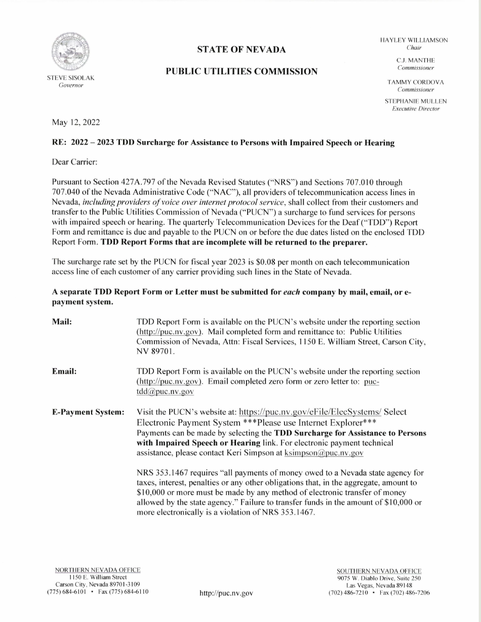 Tdd Surcharge for Assistance to Persons With Impaired Speech or Hearing Report Form - Nevada, Page 1