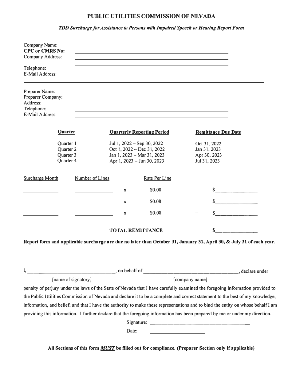 Tdd Surcharge for Assistance to Persons With Impaired Speech or Hearing Report Form - Nevada, Page 3