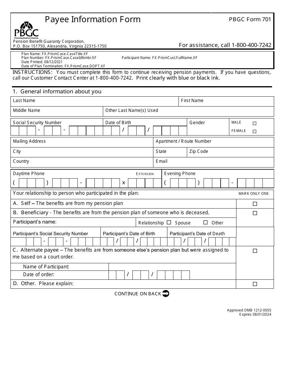 Pbgc Form 701 Download Printable Pdf Or Fill Online Payee Information