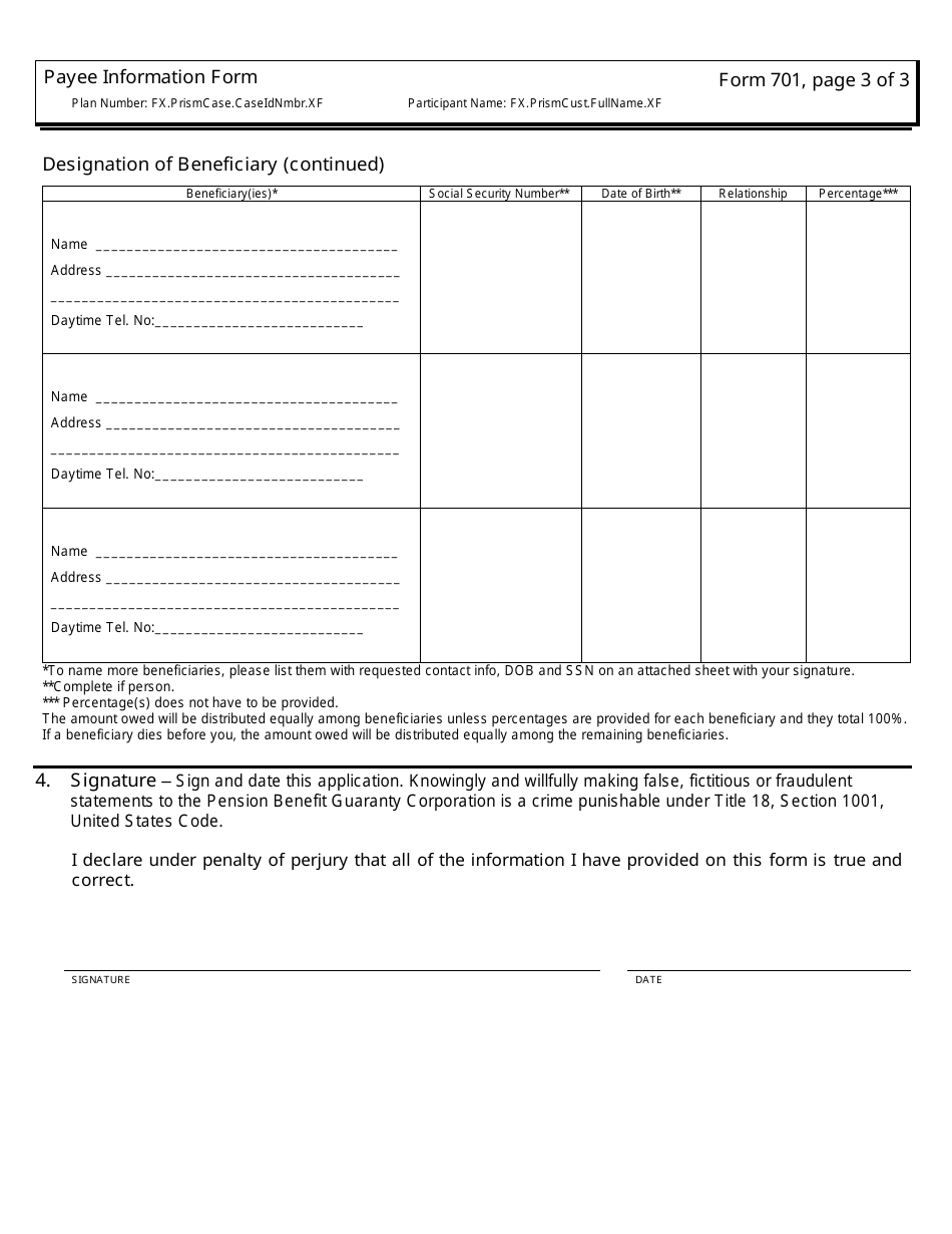 PBGC Form 701 Payee Information Form, Page 5