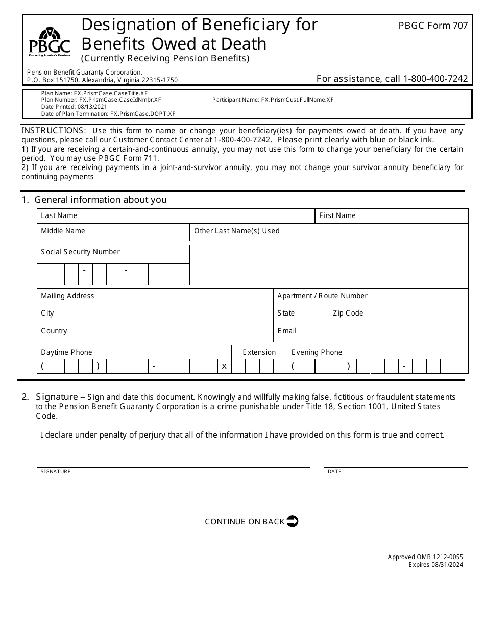 PBGC Form 707 Download Printable PDF or Fill Online Designation of ...