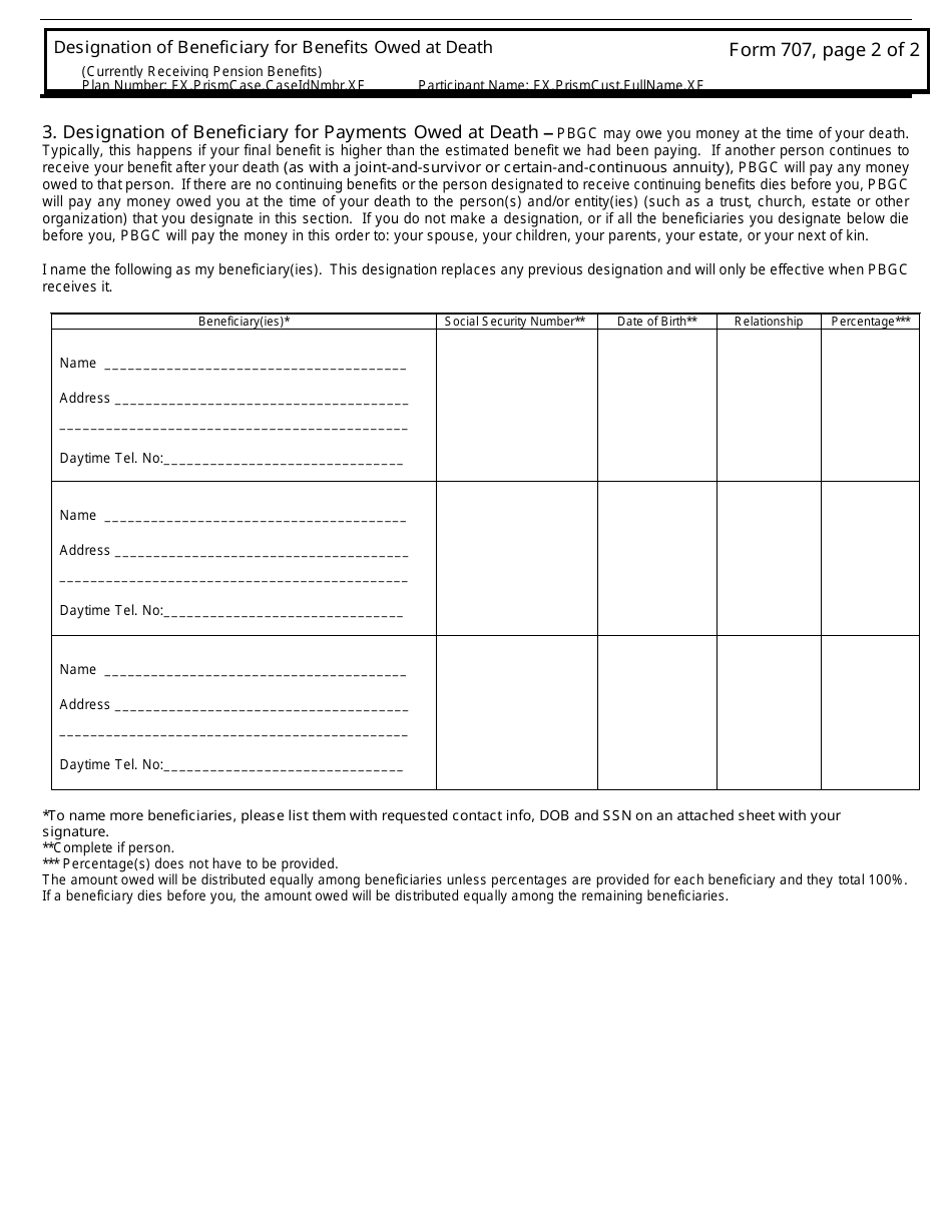 PBGC Form 707 Designation of Beneficiary for Benefits Owed at Death (Currently Receiving Pension Benefits), Page 4