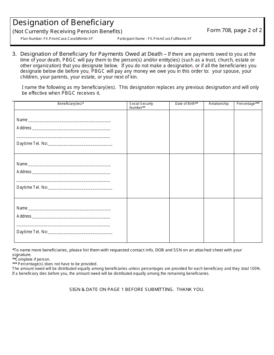 PBGC Form 708 Designation of Beneficiary (Not Currently Receiving Pension Benefits), Page 4
