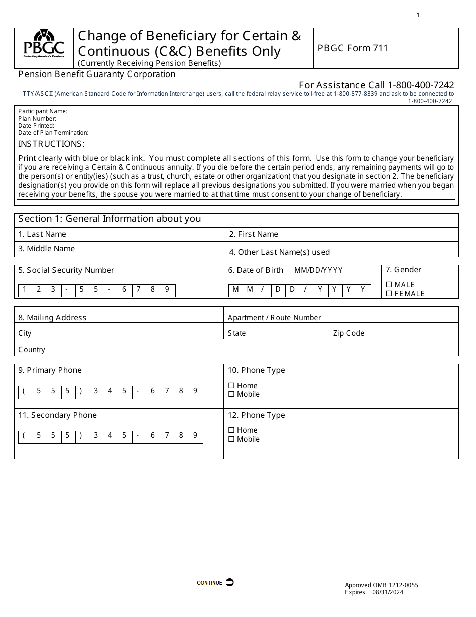 PBGC Form 711 Change of Beneficiary for Certain  Continuous (Cc) Benefits Only (Currently Receiving Pension Benefits), Page 3