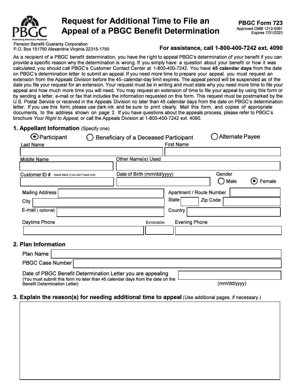 PBGC Form 723 Request for Additional Time to File an Appeal of a PBGC Benefit Determination, Page 1