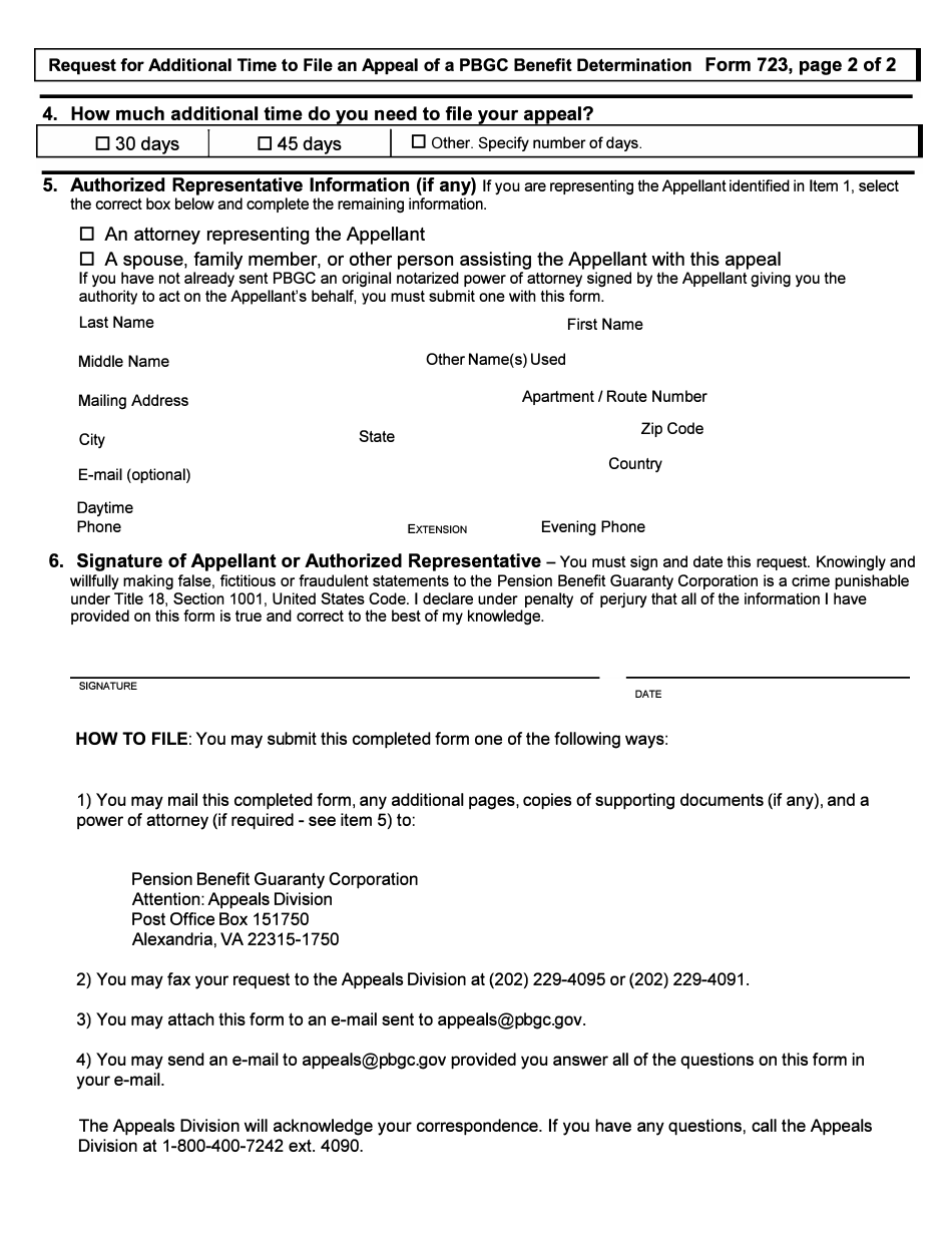 PBGC Form 723 Request for Additional Time to File an Appeal of a PBGC Benefit Determination, Page 2