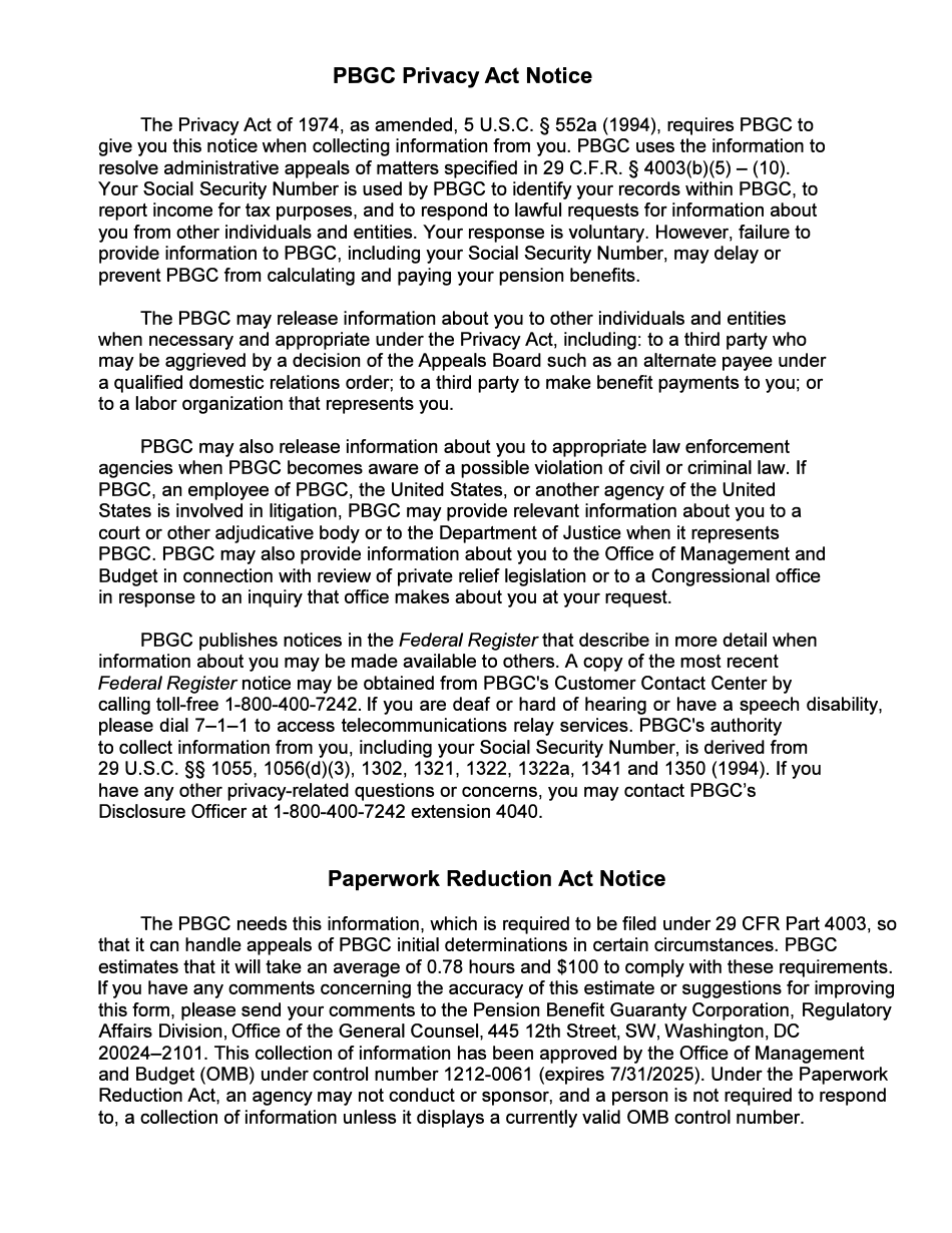 PBGC Form 723 Request for Additional Time to File an Appeal of a PBGC Benefit Determination, Page 3