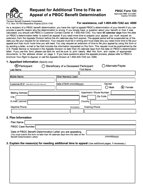 PBGC Form 723 Request for Additional Time to File an Appeal of a PBGC Benefit Determination