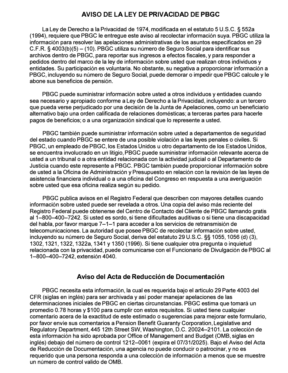 PBGC Formulario SP724 Apelacion De Determinacion De Beneficios De Pbgc (Spanish), Page 3