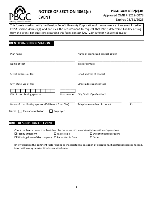 PBGC Form 4062(E)-01 Notice of Section 4062(E) Event