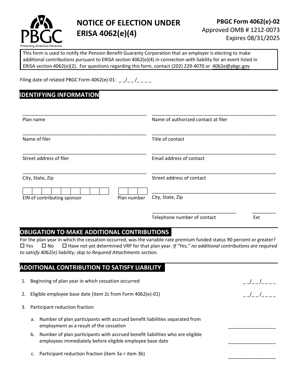 PBGC Form 4062(E)-02 Notice of Election Under Erisa 4062(E)(4), Page 1