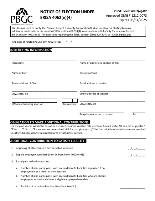 PBGC Form 4062(E)-02  Printable Pdf