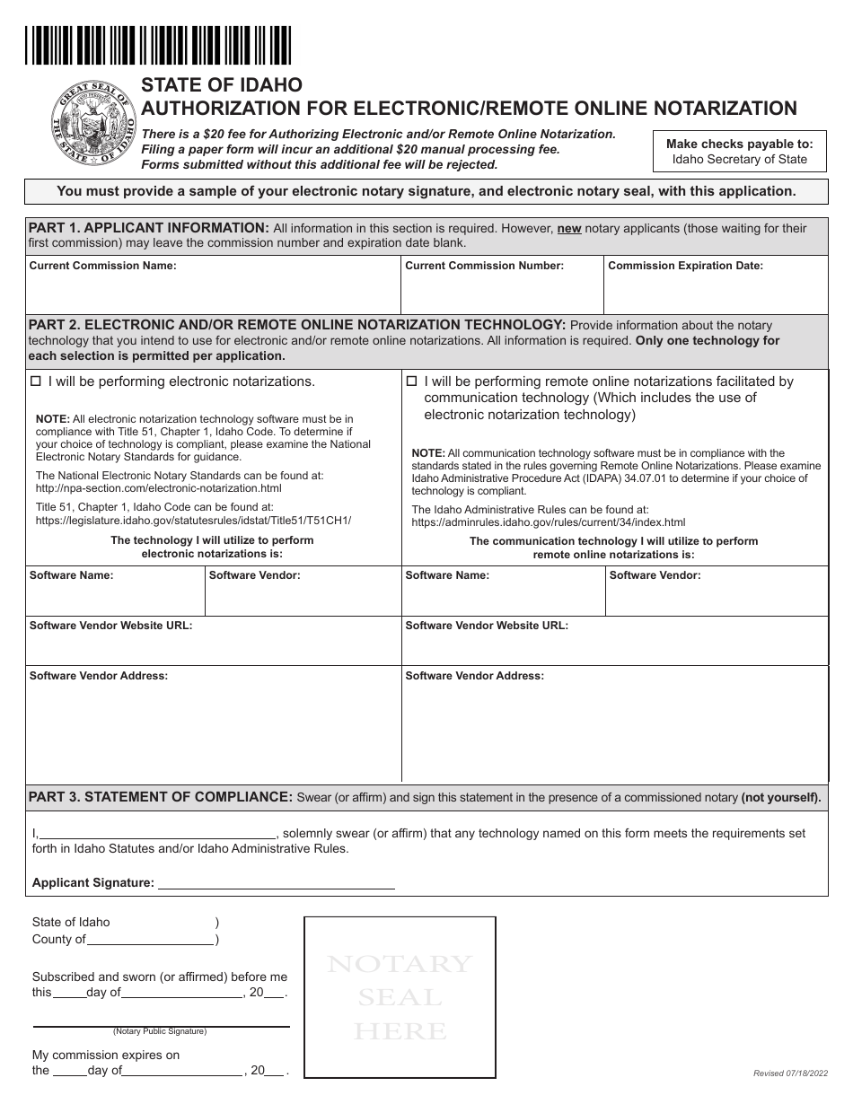 Authorization for Electronic / Remote Online Notarization - Idaho, Page 2