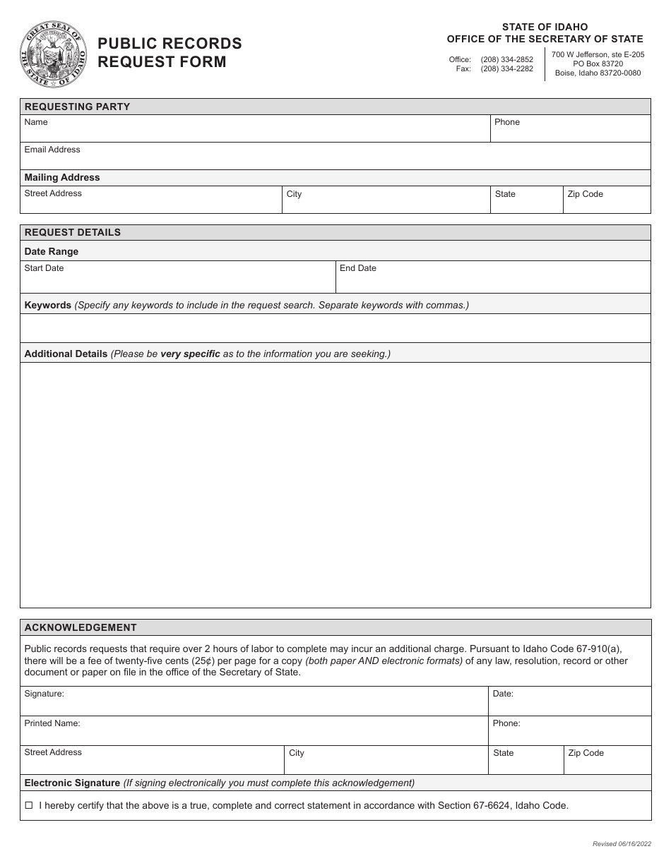 Public Records Request Form - Idaho, Page 1