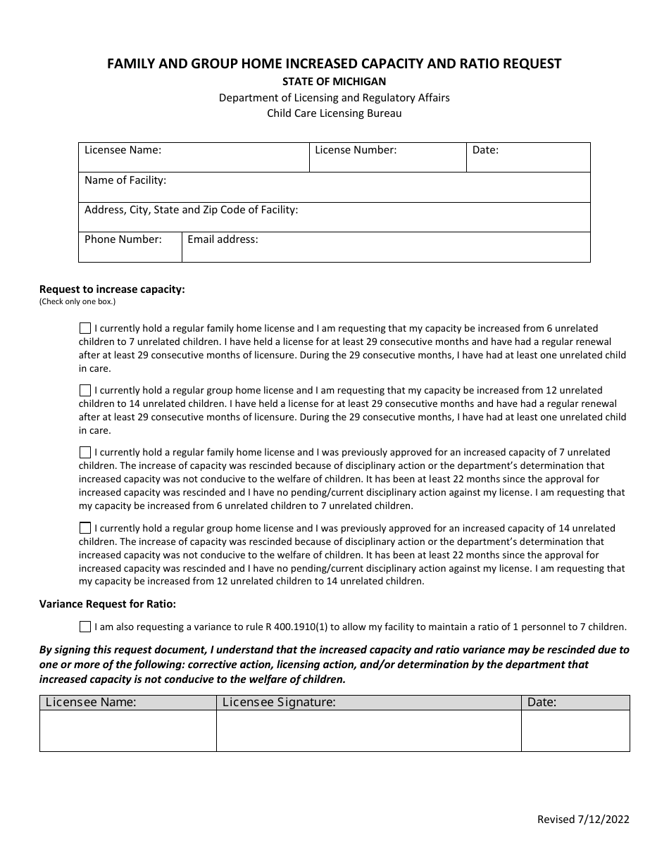 Family and Group Home Increased Capacity and Ratio Request - Michigan, Page 1