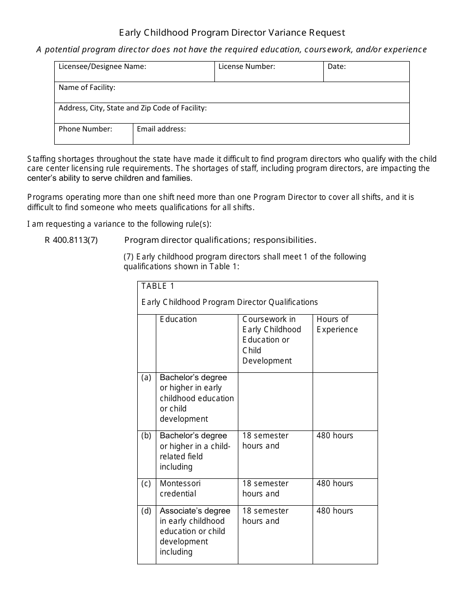 Early Childhood Program Director Variance Request - Michigan, Page 1