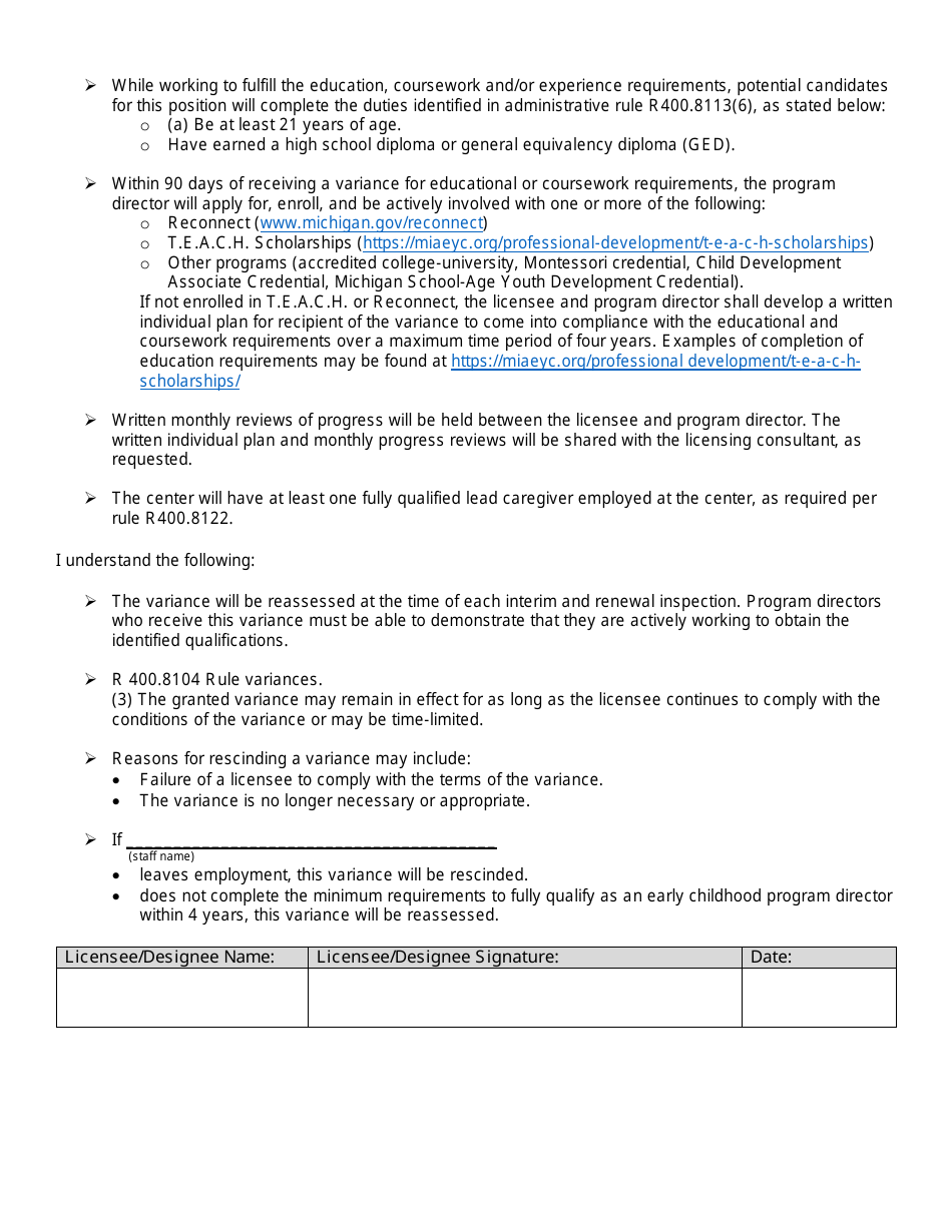 Early Childhood Program Director Variance Request - Michigan, Page 3