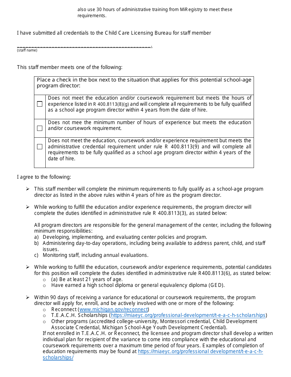 School-Age Program Director Variance Request - Michigan, Page 2