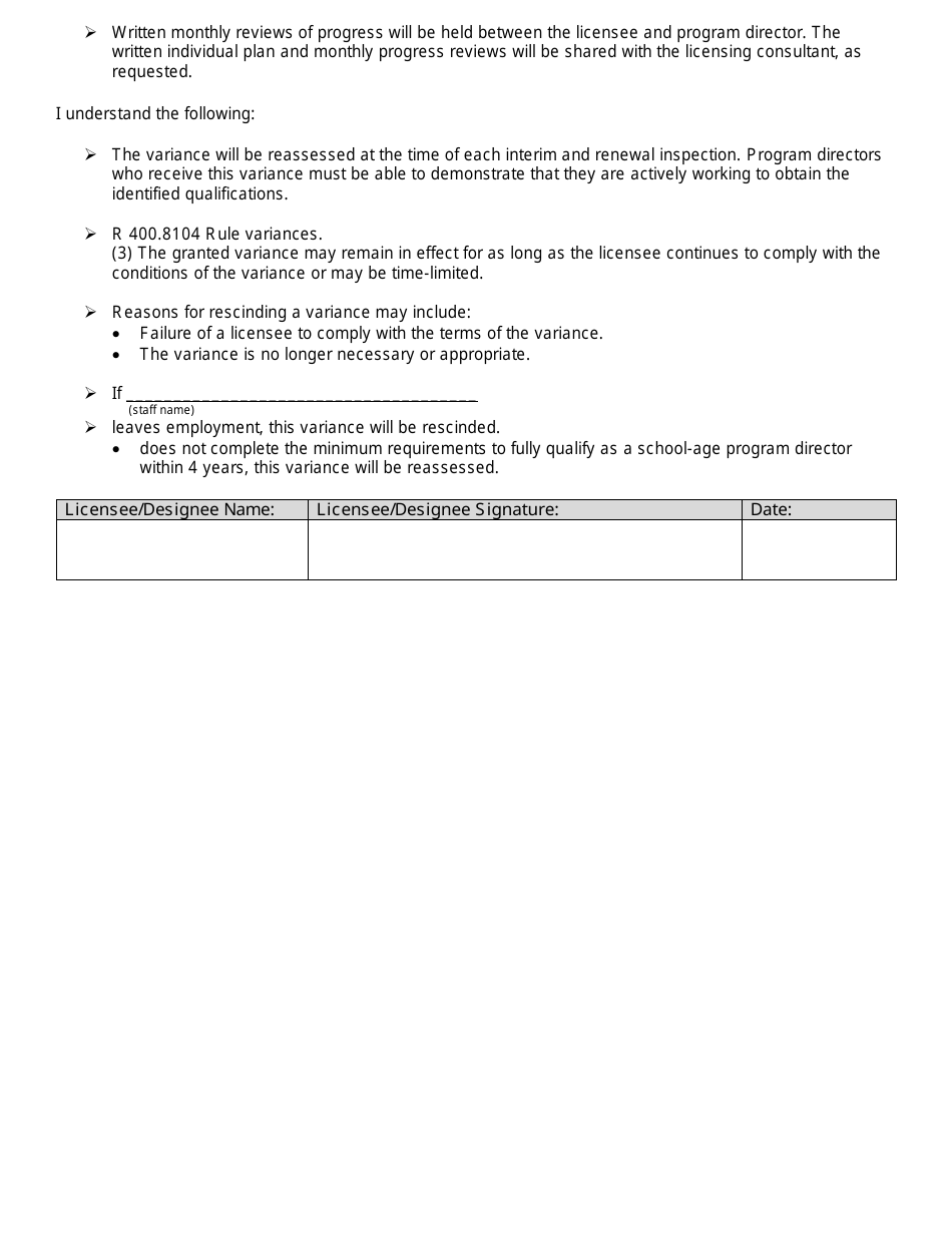 School-Age Program Director Variance Request - Michigan, Page 3