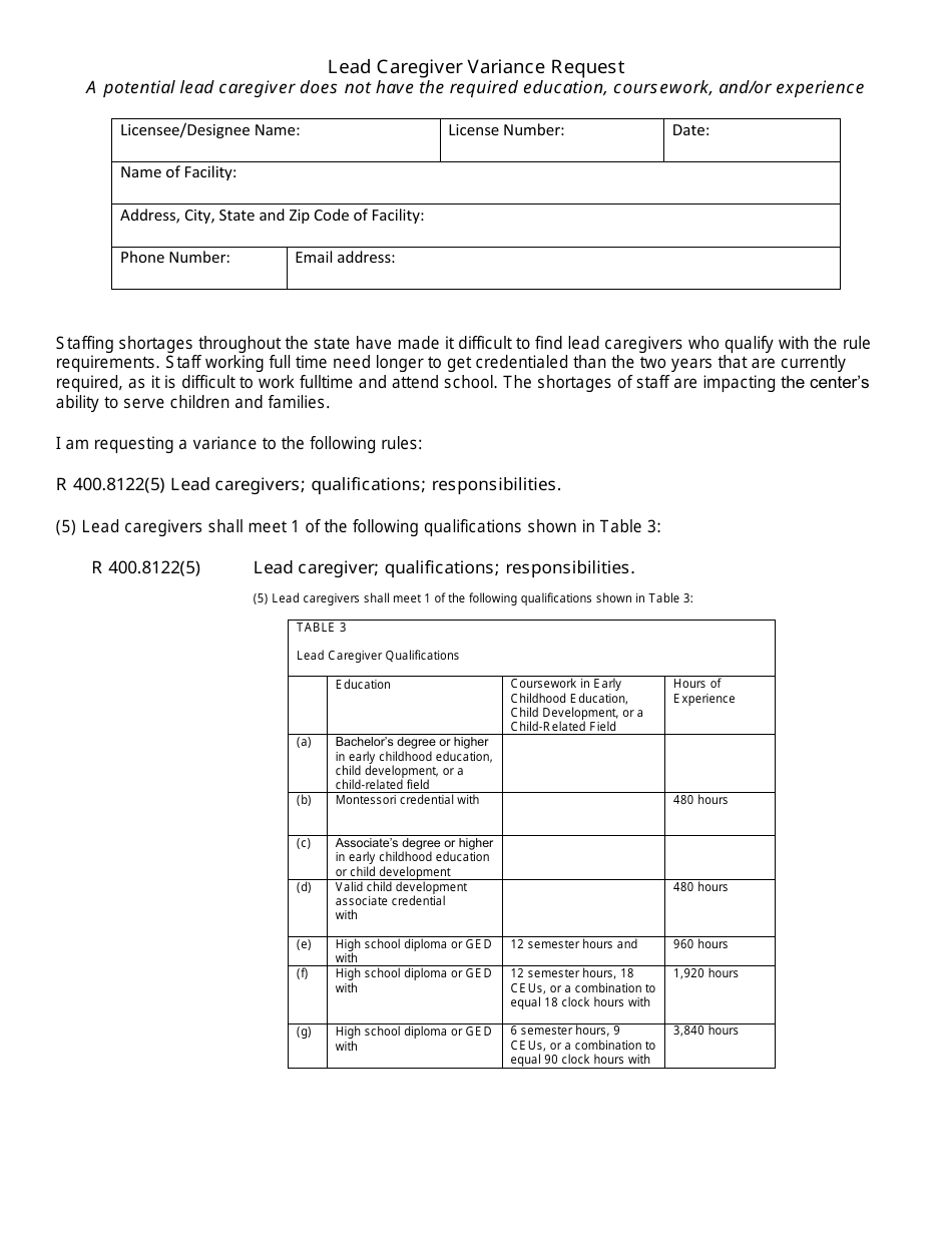 Michigan Lead Caregiver Variance Request - Fill Out, Sign Online And 