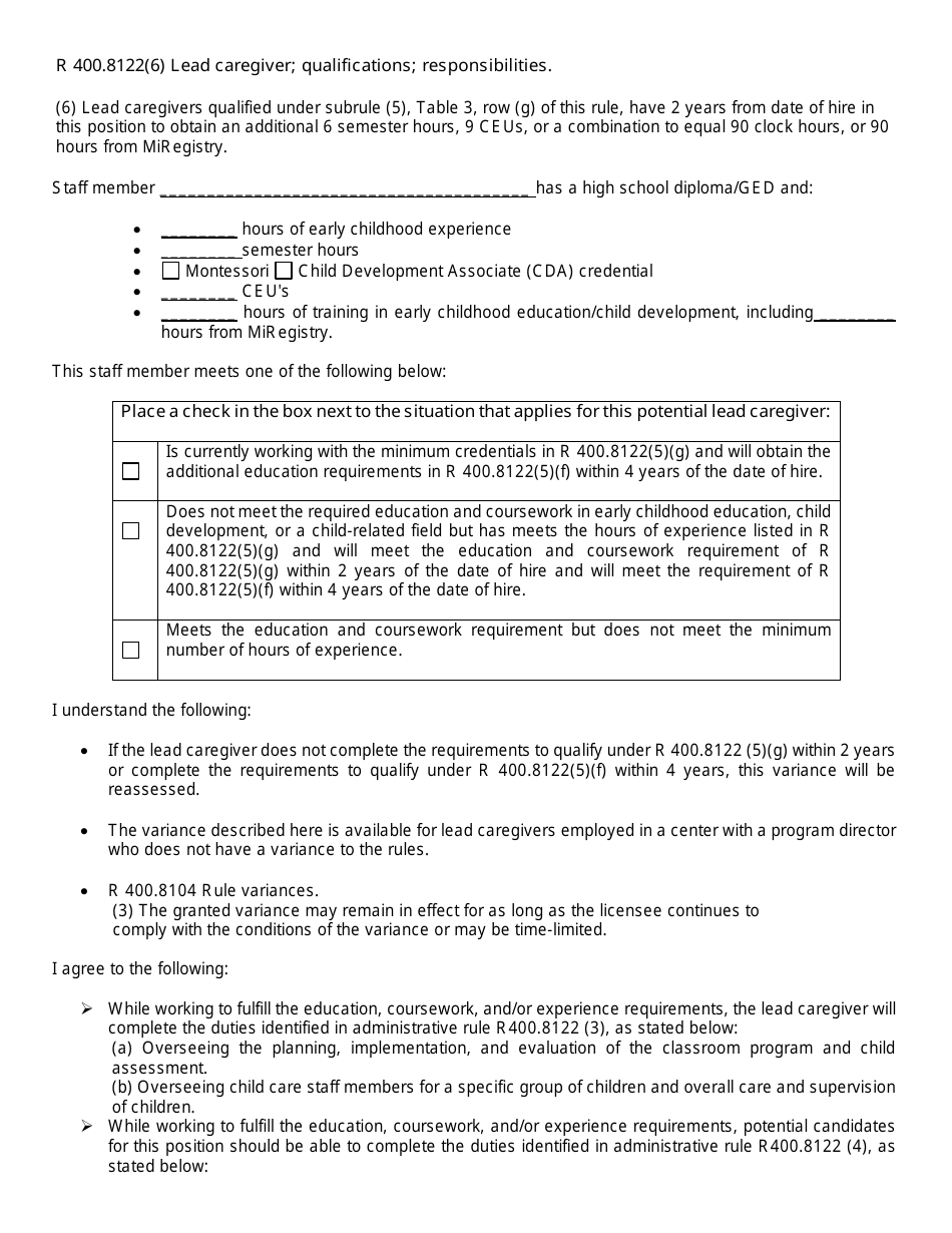 Michigan Lead Caregiver Variance Request - Fill Out, Sign Online and ...