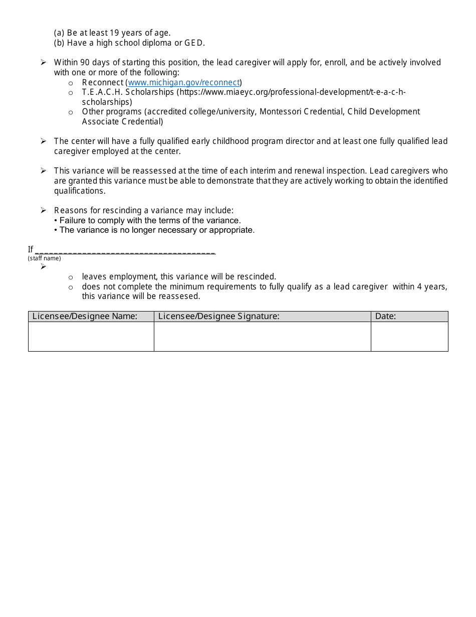 Lead Caregiver Variance Request - Michigan, Page 3