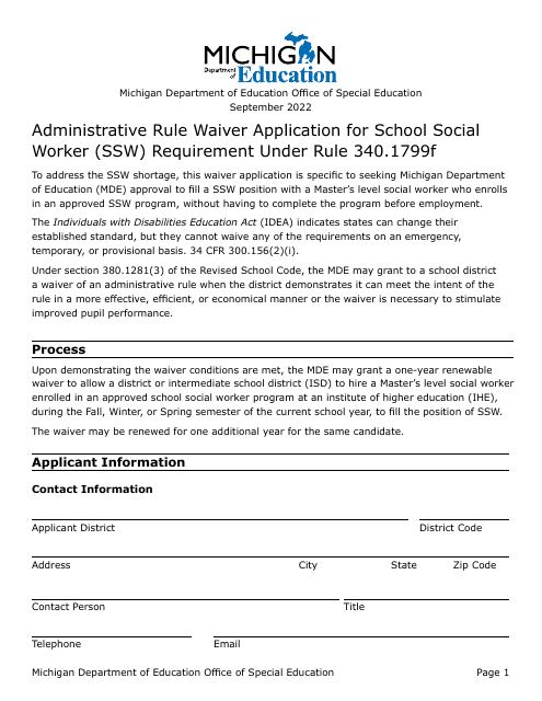 Administrative Rule Waiver Application for School Social Worker (Ssw) - Requirement Under Rule 340.1799f - Michigan Download Pdf