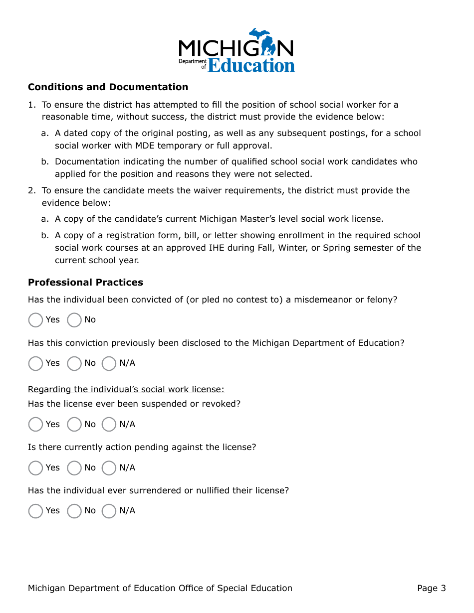 Administrative Rule Waiver Application for School Social Worker (Ssw) - Requirement Under Rule 340.1799f - Michigan, Page 3