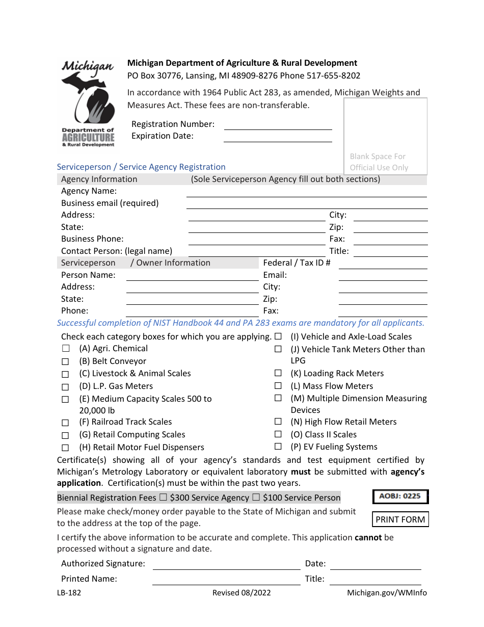 Form LB-182 Serviceperson / Service Agency Registration - Michigan, Page 1