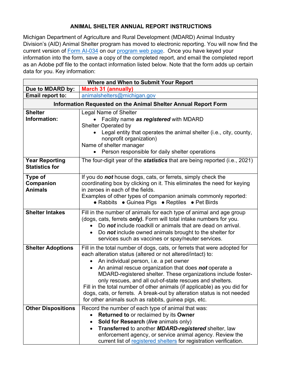 Instructions for Form AI-034 Animal Shelter Annual Report - Michigan, Page 1