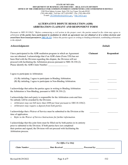 Form 532 Alternative Dispute Resolution (Adr) Arbitration Claimant and Respondent Form - Nevada