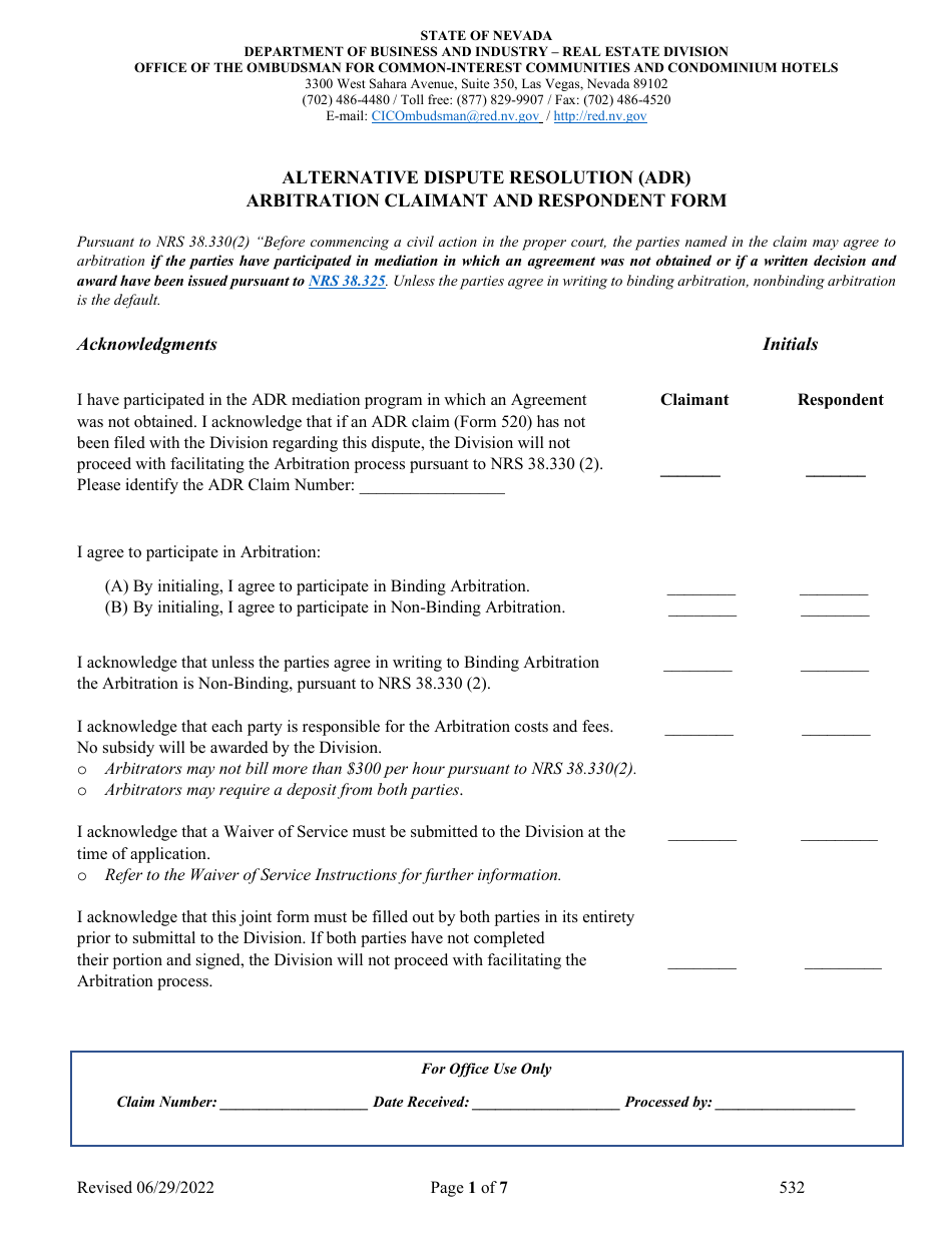 Form 532 Alternative Dispute Resolution (Adr) Arbitration Claimant and Respondent Form - Nevada, Page 1