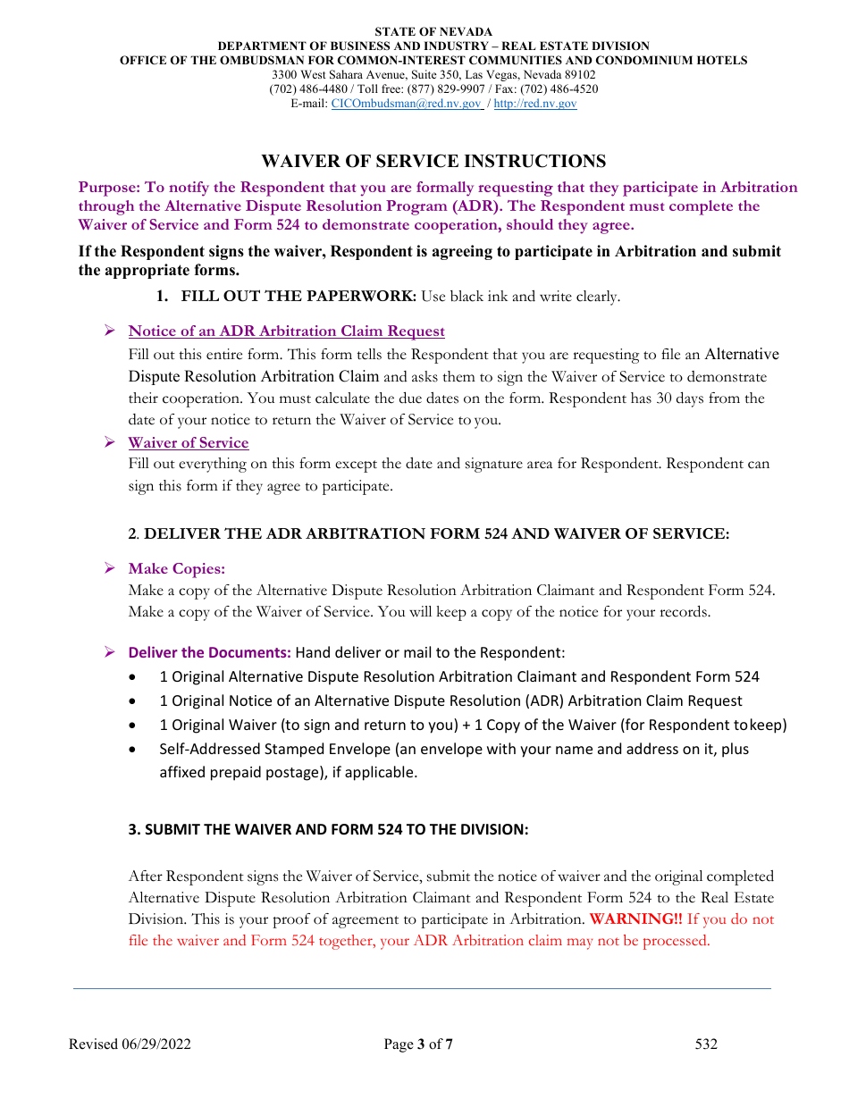 Form 532 Alternative Dispute Resolution (Adr) Arbitration Claimant and Respondent Form - Nevada, Page 3