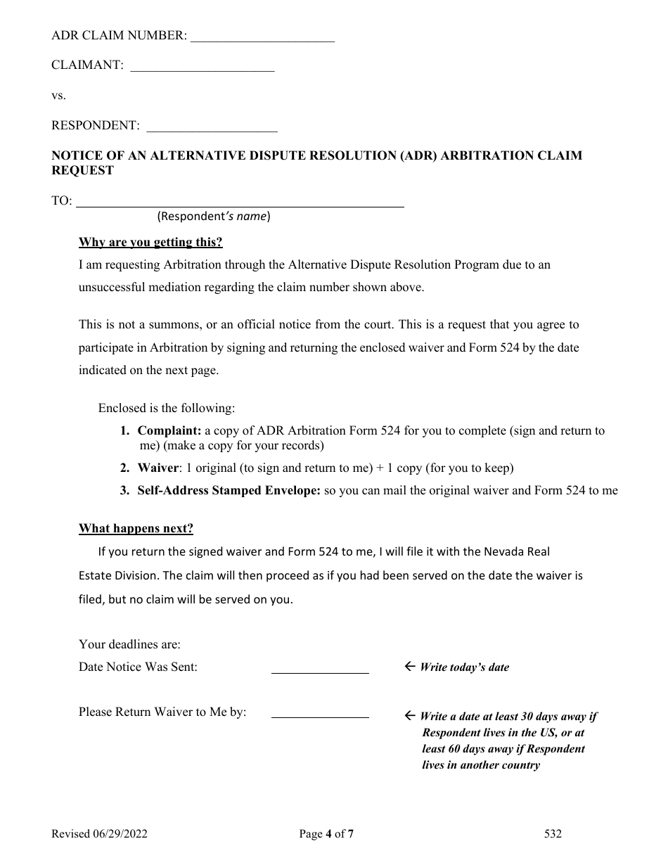 Form 532 Alternative Dispute Resolution (Adr) Arbitration Claimant and Respondent Form - Nevada, Page 4
