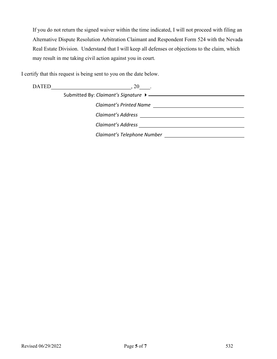 Form 532 Alternative Dispute Resolution (Adr) Arbitration Claimant and Respondent Form - Nevada, Page 5