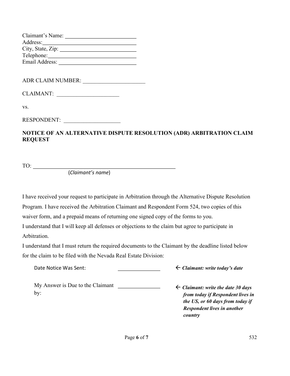 Form 532 Alternative Dispute Resolution (Adr) Arbitration Claimant and Respondent Form - Nevada, Page 6