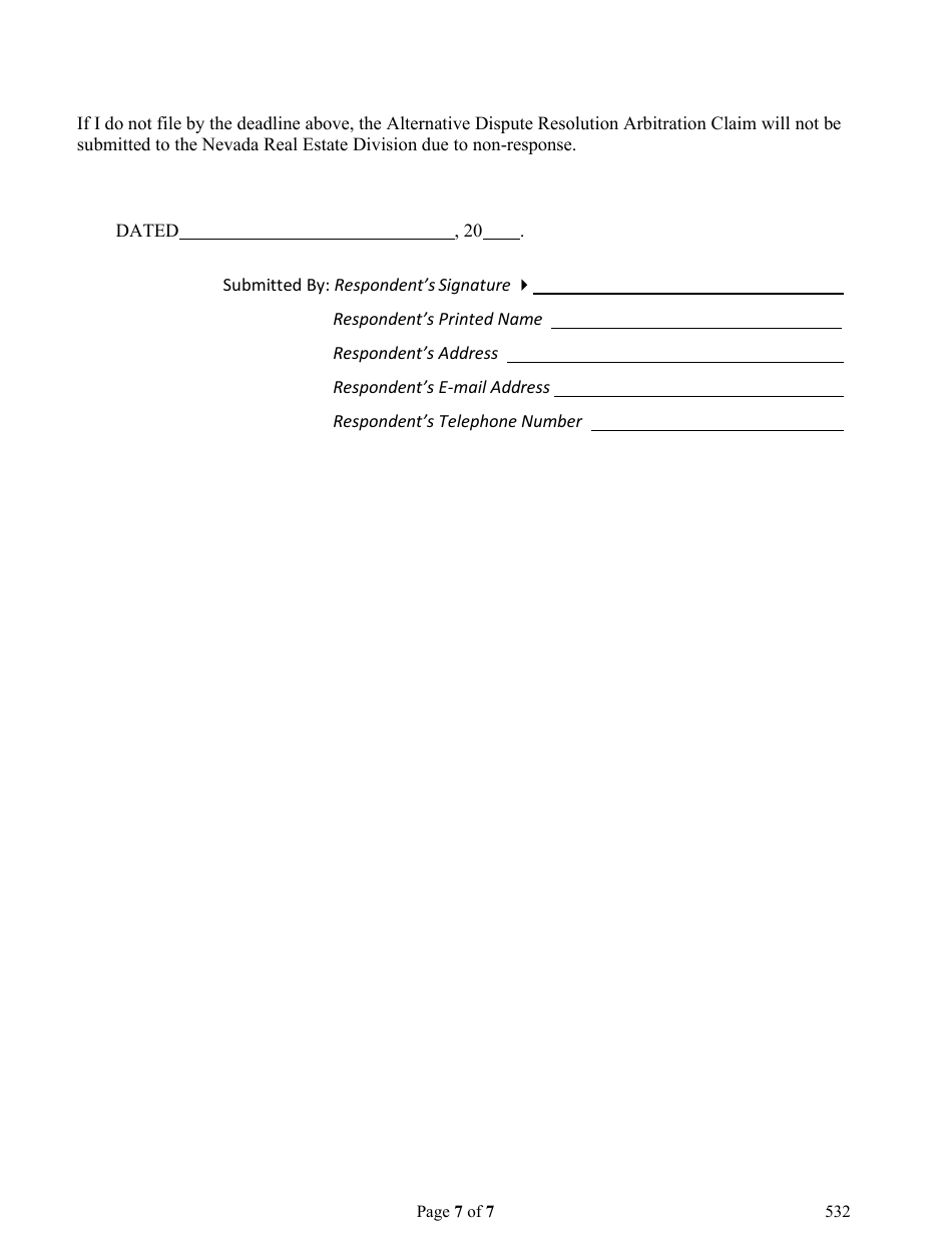 Form 532 Alternative Dispute Resolution (Adr) Arbitration Claimant and Respondent Form - Nevada, Page 7