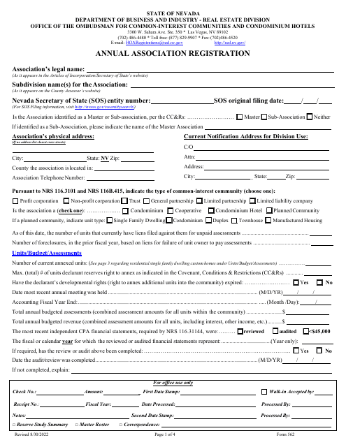 Form 562 Annual Association Registration - Nevada
