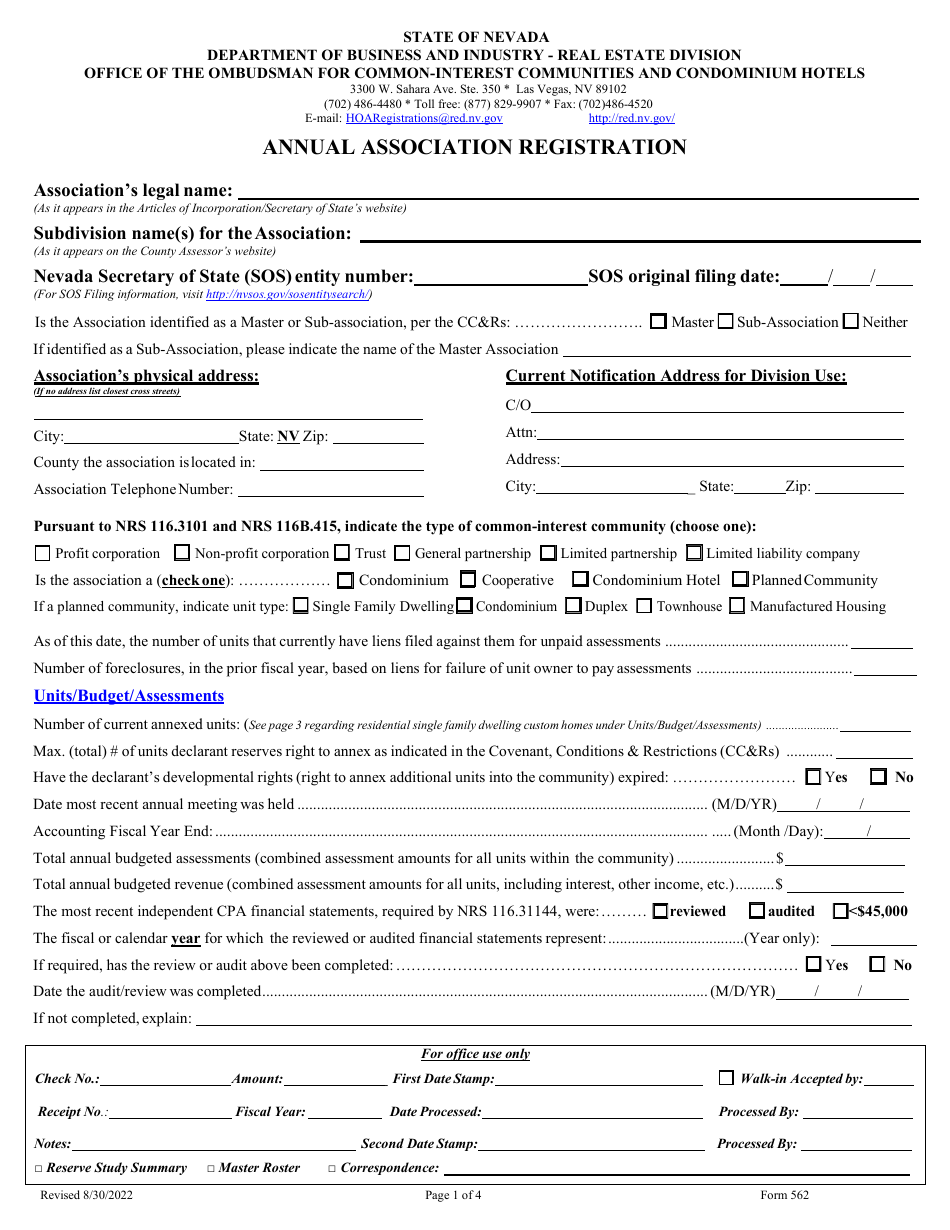 Form 562 Annual Association Registration - Nevada, Page 1