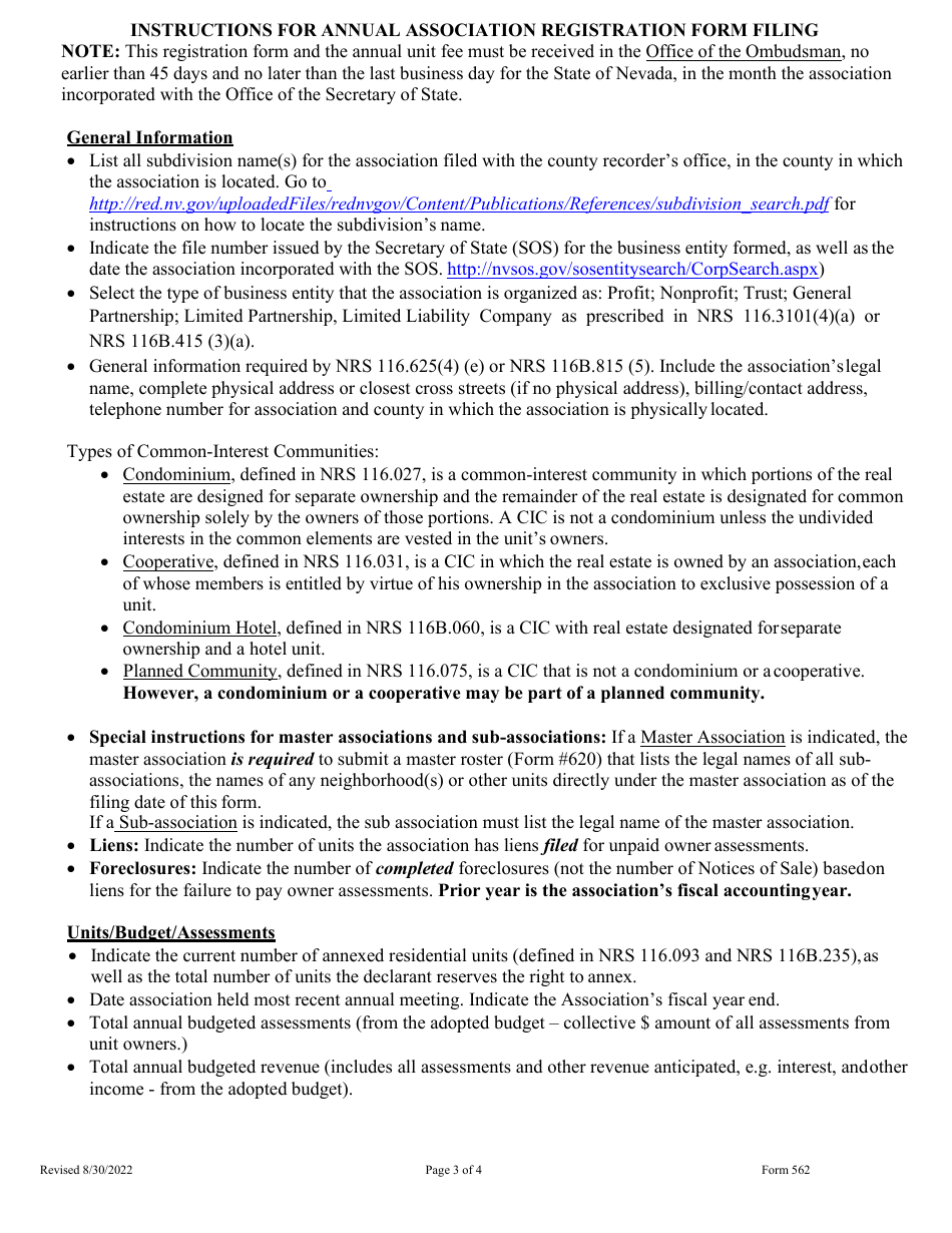 Form 562 Annual Association Registration - Nevada, Page 3