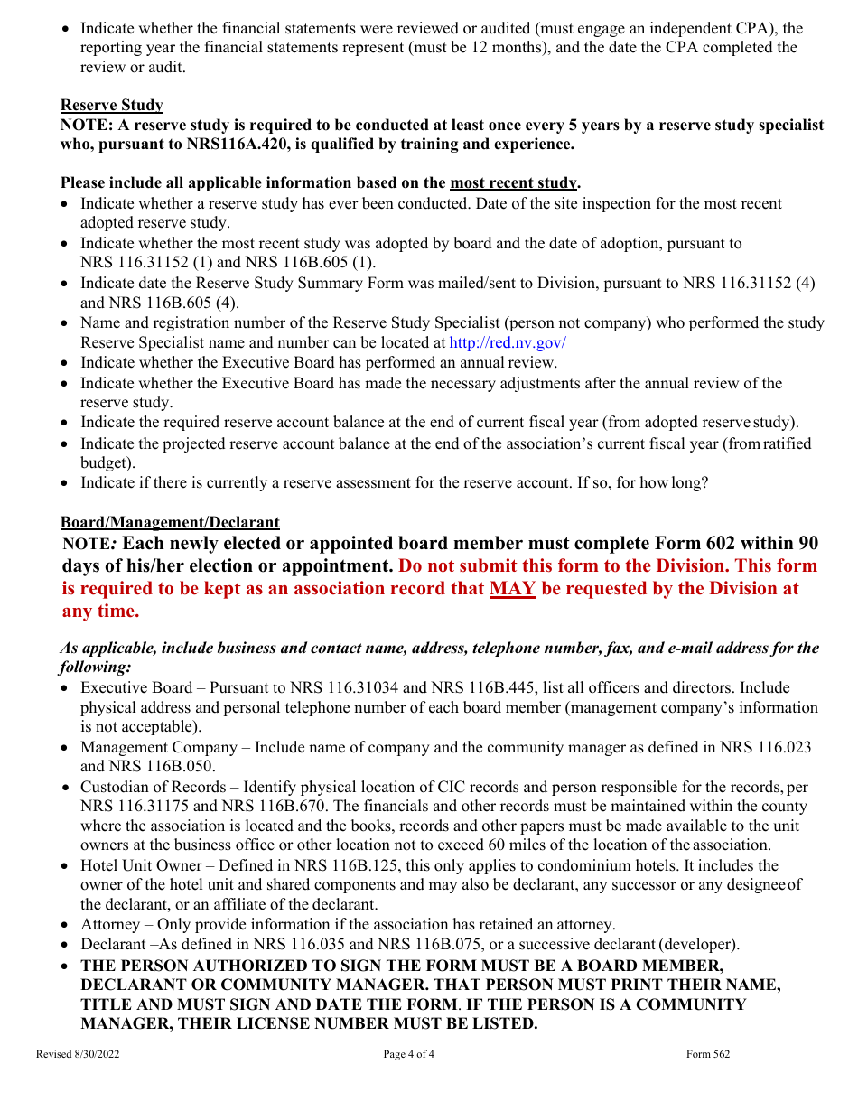 Form 562 Annual Association Registration - Nevada, Page 4