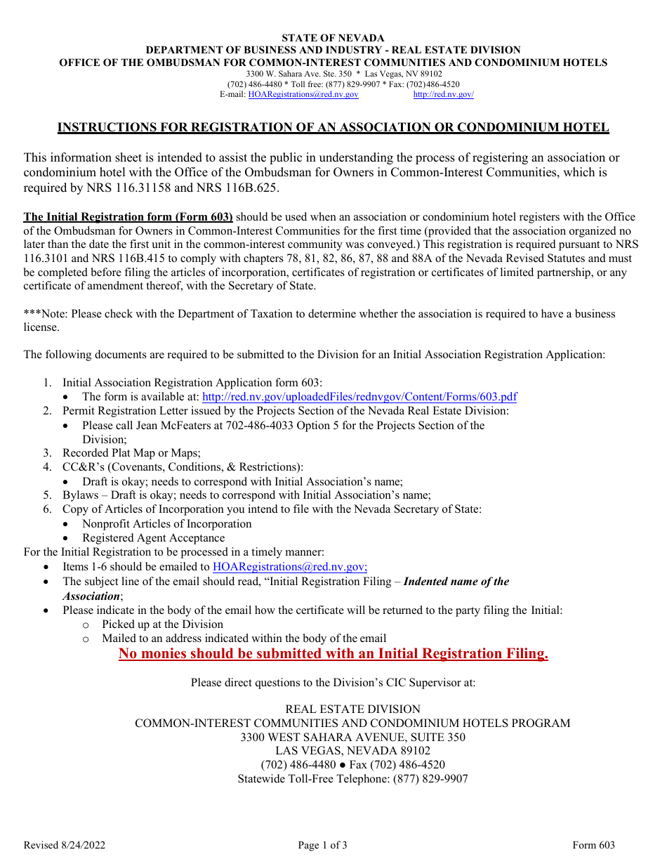 Form 603 Initial Association Registration - Nevada, Page 1