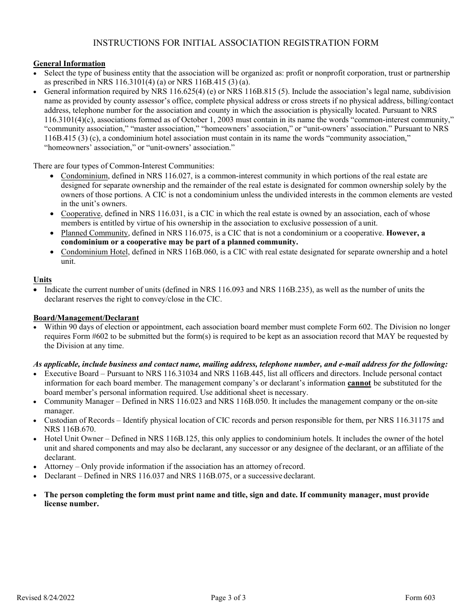 Form 603 Initial Association Registration - Nevada, Page 3