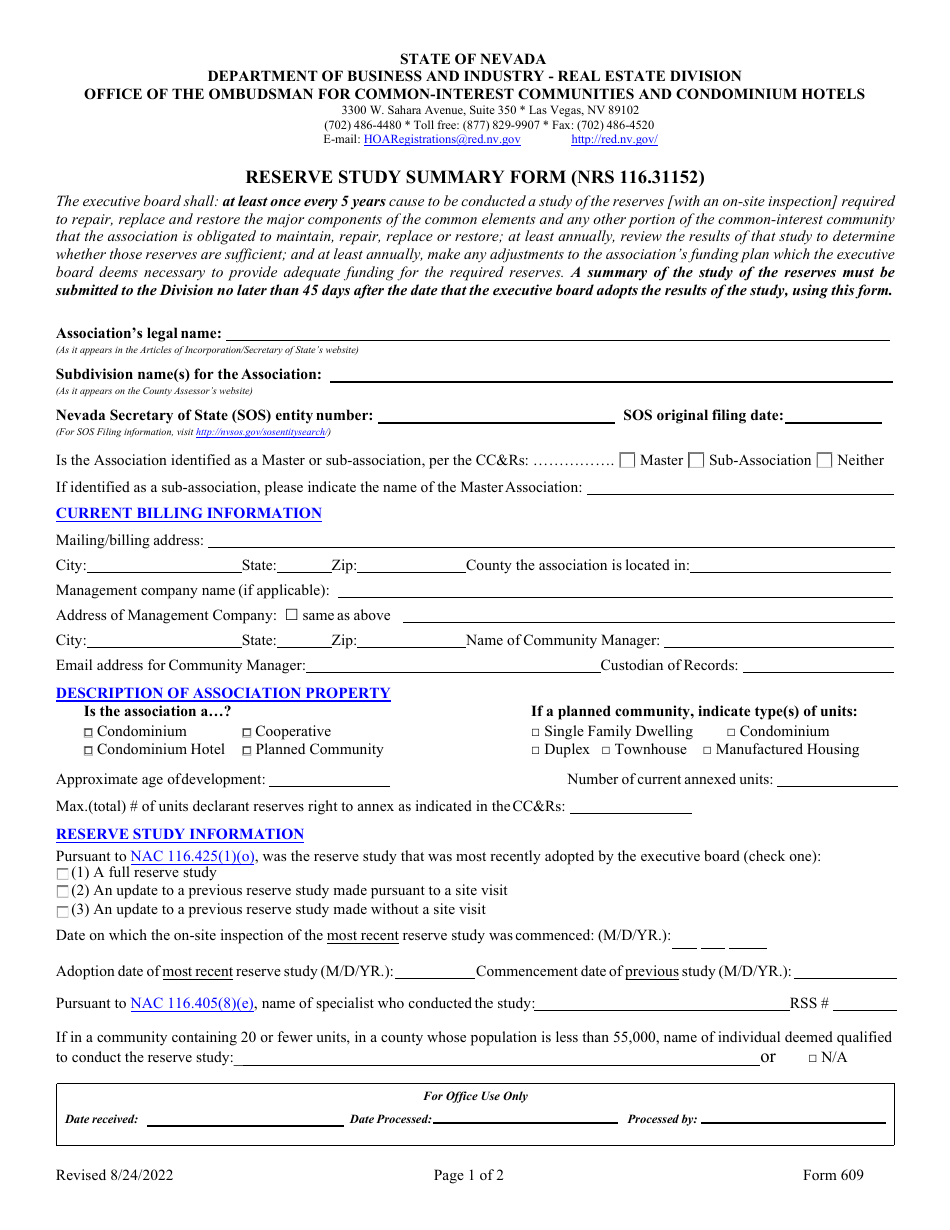 Form 609 Reserve Study Summary Form (Nrs 116.31152) - Nevada, Page 1