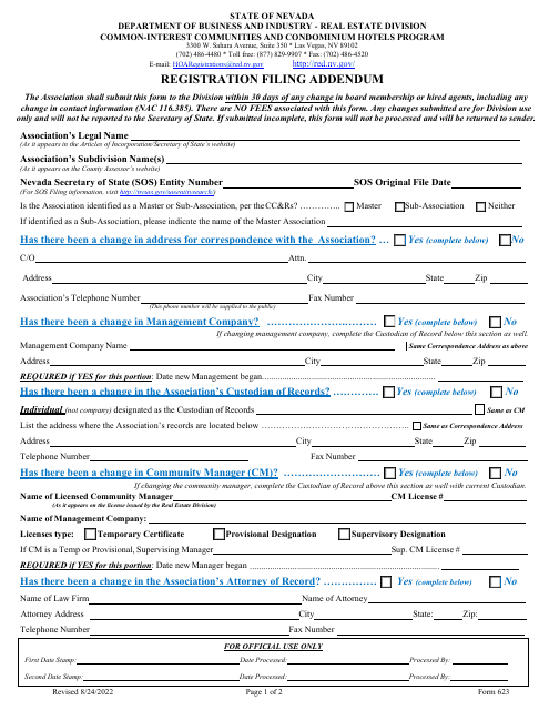 Form 623 Registration Filing Addendum - Nevada