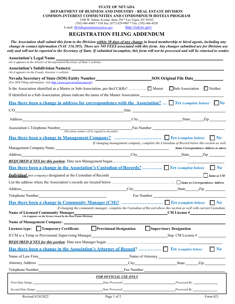 Form 623 Registration Filing Addendum - Nevada, Page 1