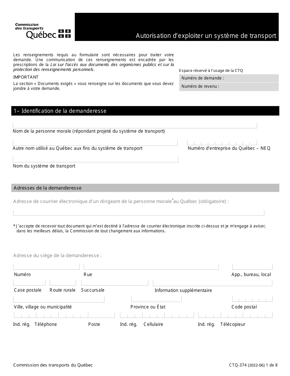Forme CTQ-374 Autorisation Dexploiter Un Systeme De Transport - Quebec, Canada (French), Page 1