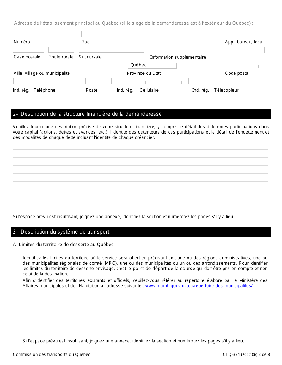 Forme CTQ-374 Autorisation Dexploiter Un Systeme De Transport - Quebec, Canada (French), Page 2